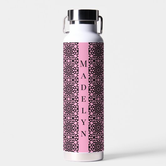 Chic Bubblegum Roze & Zwart geometrisch patroon Waterfles (Voorkant)