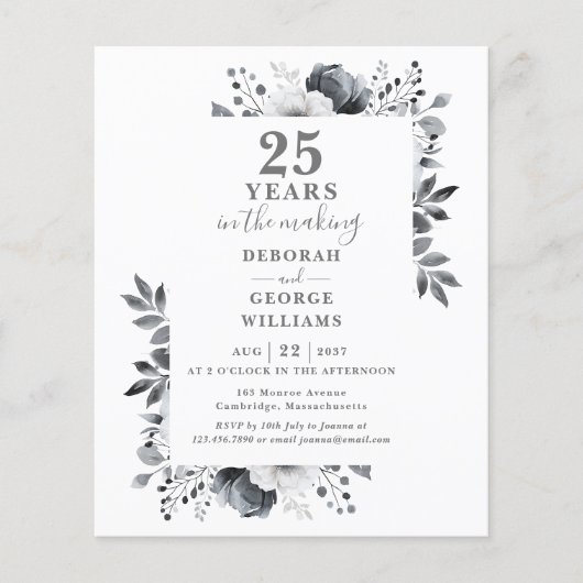 Chic Budget 25e bruiloft Jubileum Bloemen Uitnodig (Voorkant)