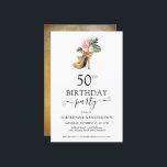 Chic Budget Floral Gold High Heels 50th Birthday<br><div class="desc">Moderne Elegant Gold Tropical Floral Gold High Heels 50th Birthday Party Invitation met onze glamoureuze glitzy waterverf Gold high heel hak omgeven door roze en groene tropische bloemen. De achtergrond is een luxueuze waterverf goudwas. Eenvoudig aan te passen met uw informatie voor een eenvoudige elegante uitnodiging voor verjaardagsfeestjes. **Ons BUDGET...</div>