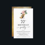 Chic Budget Floral Gold High Heels 70th Birthday<br><div class="desc">Moderne Elegant Gold Tropical Floral Gold High Heels 70th Birthday Party Invitation met onze glamoureuze glitzy waterverf Gold high heel hak omgeven door roze en groene tropische bloemen. De achtergrond is een luxueuze waterverf goudwas. Eenvoudig aan te passen met uw informatie voor een eenvoudige elegante uitnodiging voor verjaardagsfeestjes. **Ons BUDGET...</div>