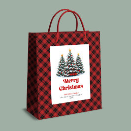 Chic buffalo plaid tree Christmas bag personalized Medium Cadeauzakje