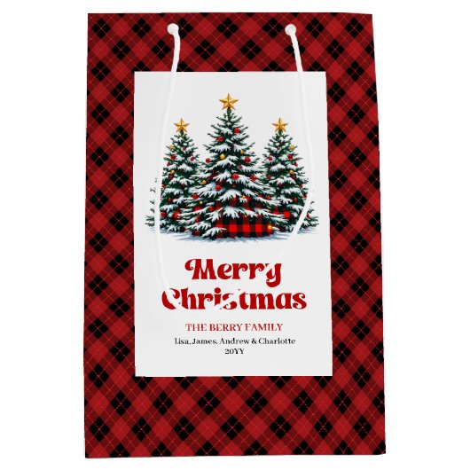 Chic buffalo plaid tree Christmas bag personalized Medium Cadeauzakje (Voorkant)