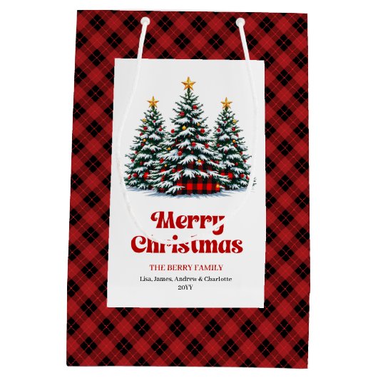 Chic buffalo plaid tree Christmas bag personalized Medium Cadeauzakje (Achterkant)