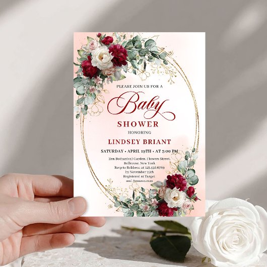 Chic Burgundy and Gold Boho Baby Shower Invite Kaart