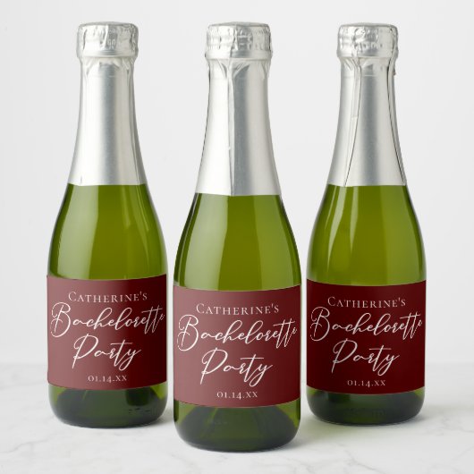 Chic Burgundy Bachelorette Party Personalized Mini Sparkling Wijnetiket (Flessen)