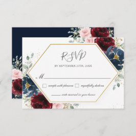 Chic Burgundy Blush Blue Floral Greenery Wedding RSVP Kaartje
