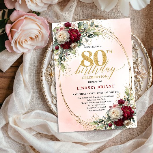 Chic Burgundy Blush Floral 80th Birthday Invites Kaart