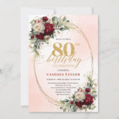 Chic Burgundy Blush Floral 80th Birthday Invites Kaart (Voorkant)