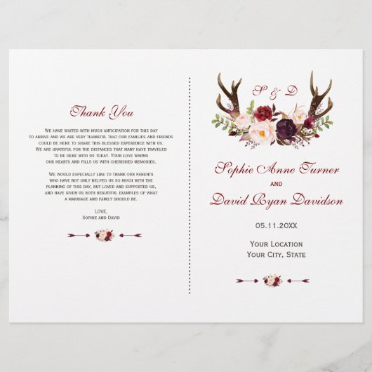 Chic Burgundy Blush Floral Antlers Weddenschap (Voorkant)