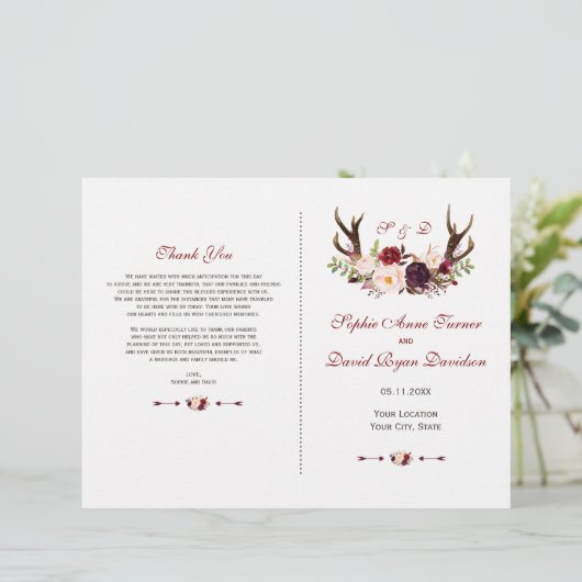 Chic Burgundy Blush Floral Antlers Weddenschap (Staand voorkant)
