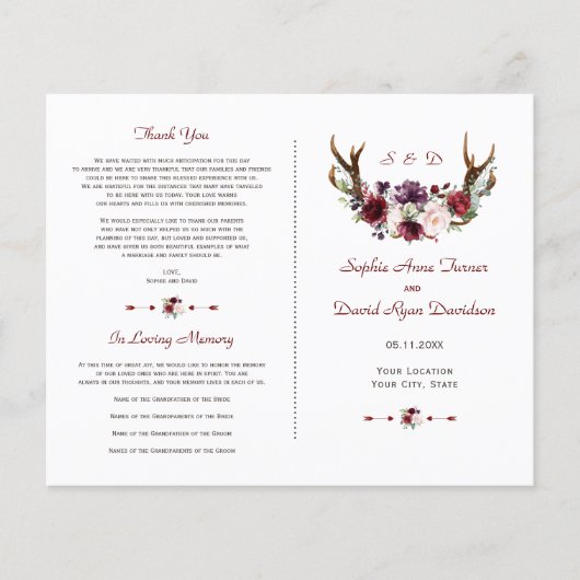 Chic Burgundy Blush Floral Antlers Weddenschap Flyer (Voorkant)