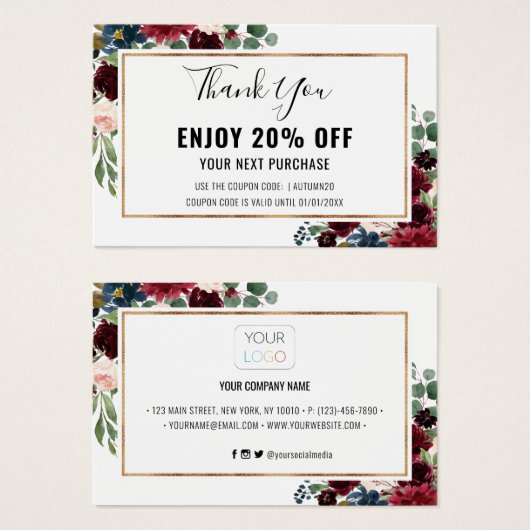 Chic Burgundy Blush Floral Discount Coupon Kaart (Voorkant /achterkant)