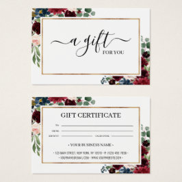 Chic Burgundy Blush Floral Gift Certificate Card Visitekaartje