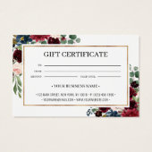 Chic Burgundy Blush Floral Gift Certificate Card Visitekaartje (Achterkant)