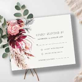 Chic Burgundy Blush Floral Pampas Grass Wedding RSVP Kaartje