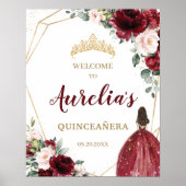 Chic Burgundy Blush Floral Quinceañera Welkom Poster (Voorkant)