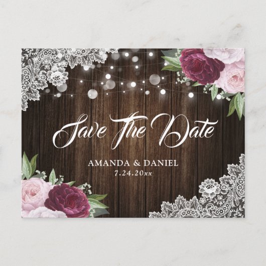 Chic Burgundy Blush Floral Save the Date Briefkaar Aankondigingskaart (Voorkant)