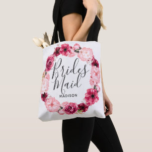 Chic Burgundy & Blush Floral Wreath Bridesmaid Tote Bag