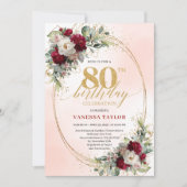 Chic Burgundy Blush Flowers 80th Birthday Invite Kaart (Voorkant)