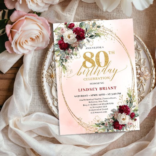 Chic Burgundy Blush Flowers 80th Birthday Invite Kaart