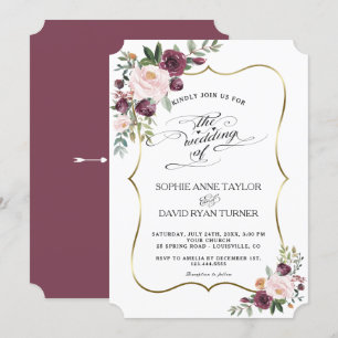 Chic Burgundy Blush Ivory Floral Maroon Wedding Kaart