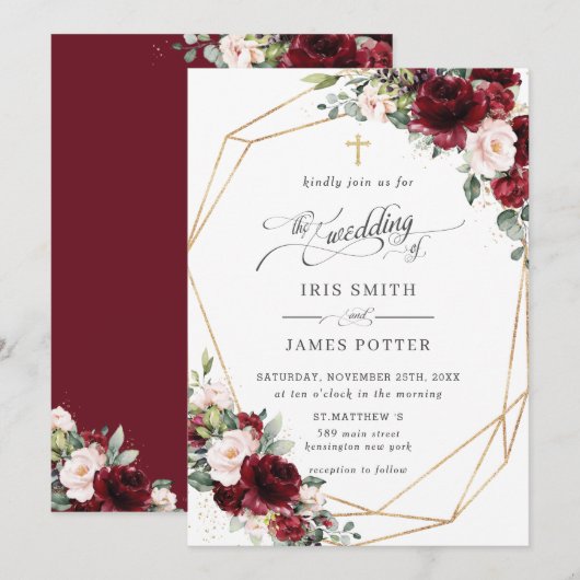 Chic Burgundy Blush Pink Floral Church Wedding   Kaart (Voorkant / Achterkant)