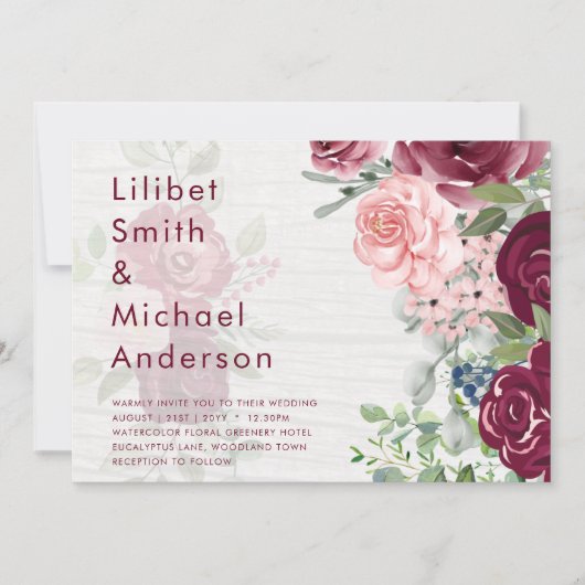 Chic Burgundy Blush Pink Floral Greenery Wedding Kaart (Voorkant)