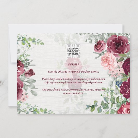 Chic Burgundy Blush Pink Floral Greenery Wedding Kaart (Achterkant)