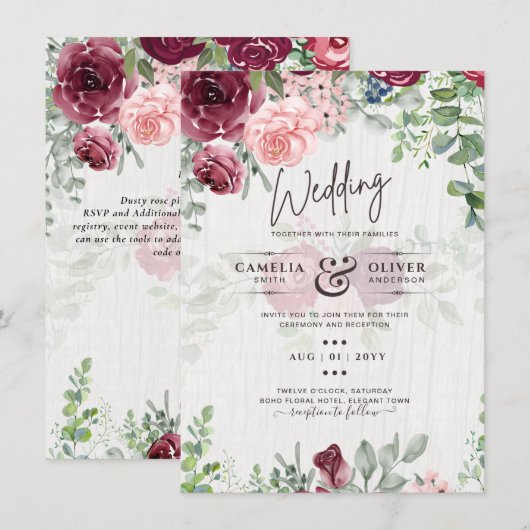 Chic Burgundy Blush Pink Floral Greenery Wedding Kaart (Voorkant / Achterkant)