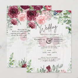 Chic Burgundy Blush Pink Floral Greenery Wedding Kaart