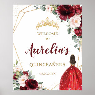 Chic Burgundy Blush Red Floral Quinceañera Welkom Poster