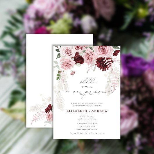 Chic Burgundy Blush Roze Floral Jubileum Kaart