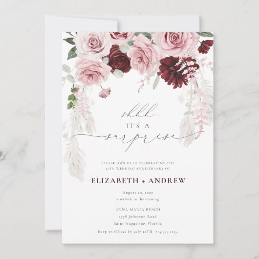 Chic Burgundy Blush Roze Floral Jubileum Kaart (Voorkant)