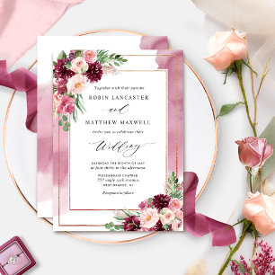 Chic Burgundy Blush Waterverf en Floral Wedding Kaart
