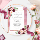 Chic Burgundy Blush Waterverf en Floral Wedding Kaart