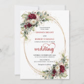 Chic Burgundy Boho Floral Gold Wedding Invitation Kaart (Voorkant)