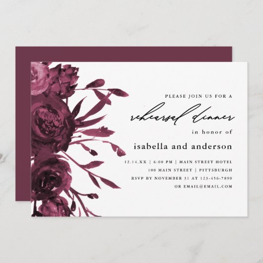 Chic Burgundy Botanical Wedding Rehearsal Dinner Kaart (Voorkant / Achterkant)