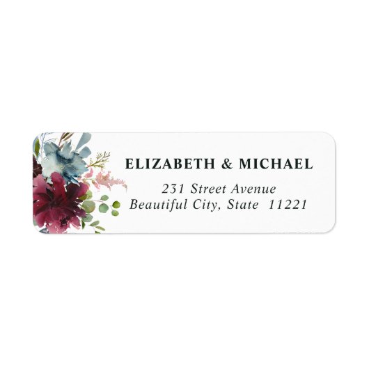 Chic Burgundy Dusty Blue Floral Waterverf Wedding Etiket (Voorkant)