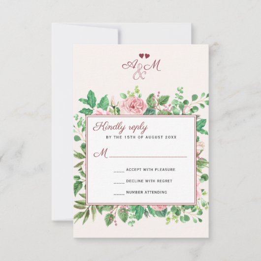 Chic Burgundy en Blush Floral Monogrammed Wedding RSVP Kaartje (Voorkant)