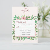 Chic Burgundy en Blush Floral Monogrammed Wedding RSVP Kaartje (Staand voorkant)