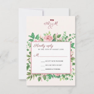 Chic Burgundy en Blush Floral Monogrammed Wedding RSVP Kaartje
