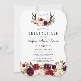 Chic Burgundy Floral Antlers Handschrift Sweet 16 Kaart