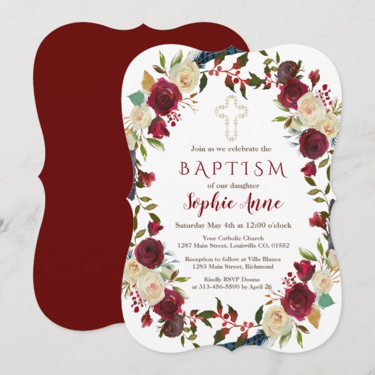 Chic Burgundy Floral Bloom Navy Blue Baptism Kaart (Voorkant / Achterkant)