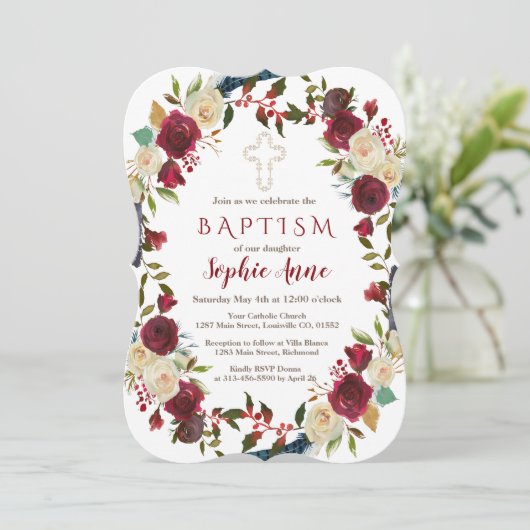 Chic Burgundy Floral Bloom Navy Blue Baptism Kaart (Staand voorkant)