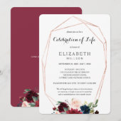 Chic Burgundy Floral Celebration of Life Funeral Kaart (Voorkant / Achterkant)