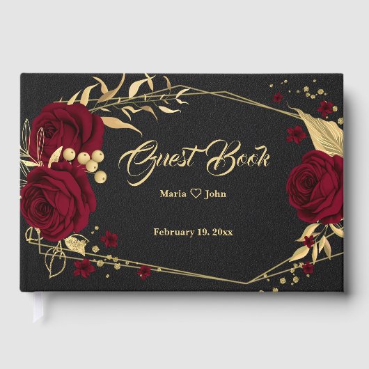 chic burgundy floral gold blad geometrisch zwart gastenboek (Voorkant)