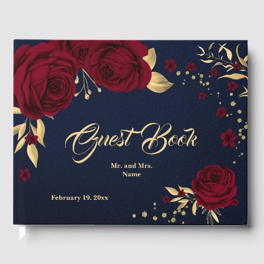 chic burgundy floral gold blad navy blue gastenboek (Voorkant)