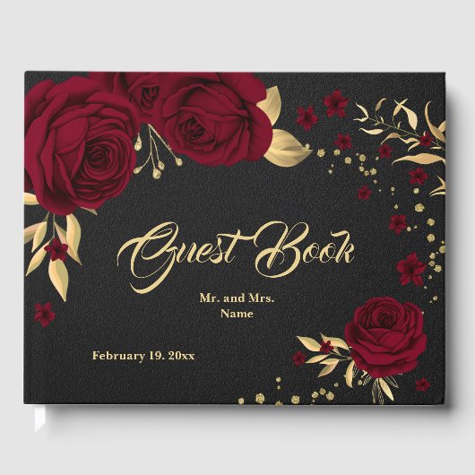 chic burgundy floral gold verlaat zwarte bezoekers gastenboek (Voorkant)