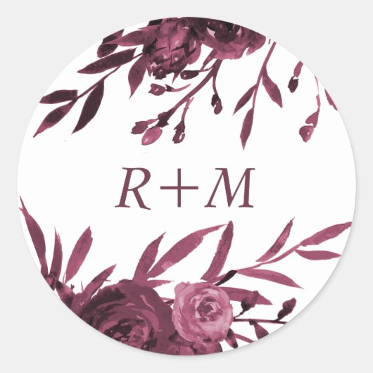 Chic Burgundy Floral met Monogram Ronde Sticker (Voorkant)