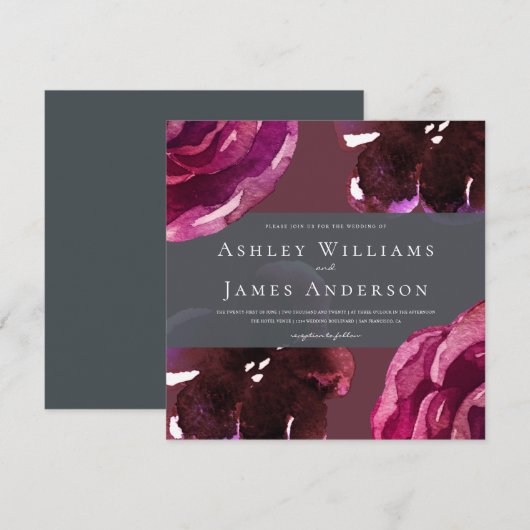 Chic Burgundy Floral Modern Wedding Invitation Kaart (Voorkant / Achterkant)